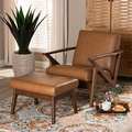 Baxton Studio Bianca Mid-Century Modern Wood and Tan Faux Leather 2-Piece Lounge chair and Ottoman Set 190-11392-11484-ZORO